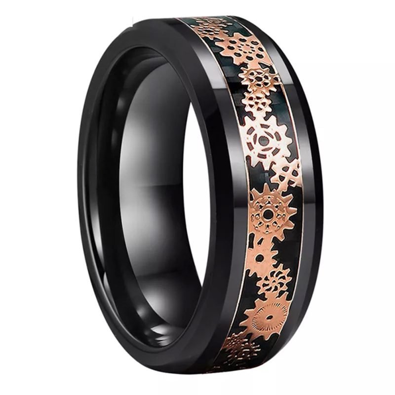 8MM Tungsten Rose Gold Gear Black Carbon Fiber Inlay Ring